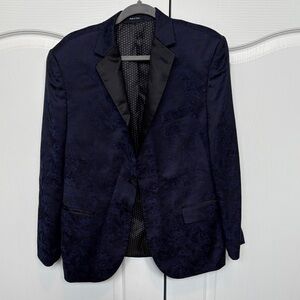 Egara Dark Navy Paisley Jacquard Blazer with Satin Lapel